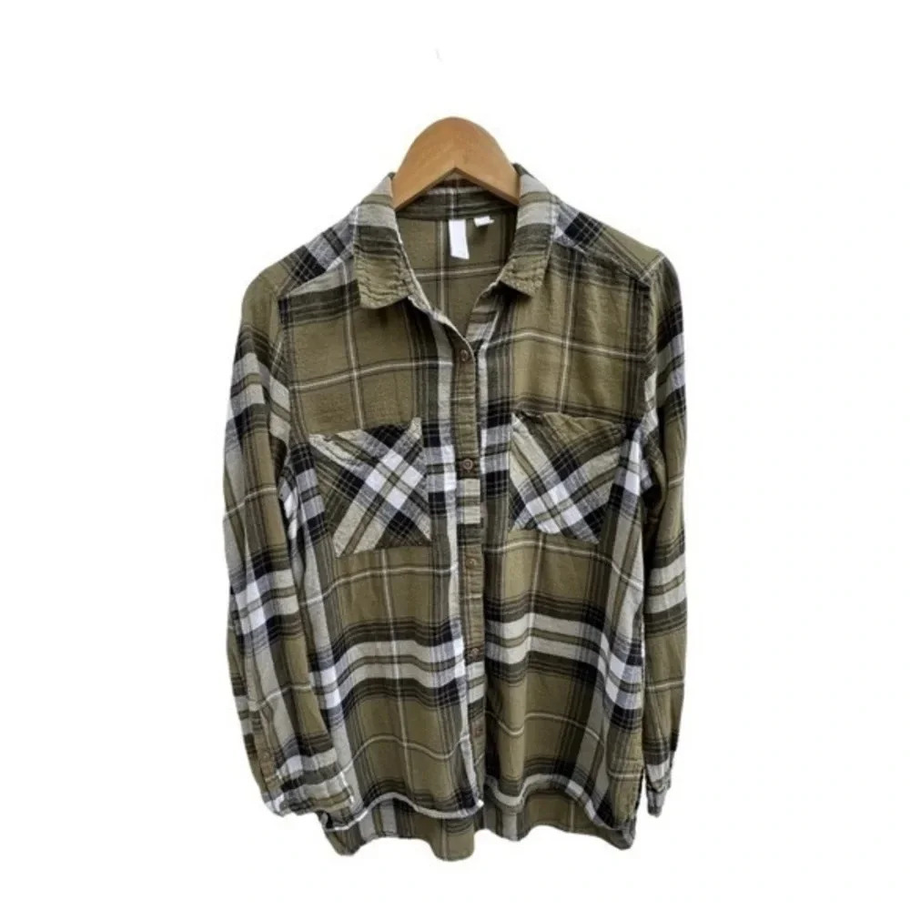 BP. Nordstrom Womens Olive Green‎ Plaid Flannel Cotton Blend Long Sleeve Shirt S